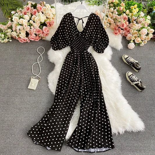 V Neck Dolman Sleeves Slim Waisted Floral and Polka Dot Print Jumpsuit with Wide Legs
