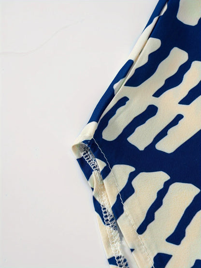 Sizes to XXL Long Sleeve Casual Dress, Blue and White Geometric Print, Button Down A Line Dress