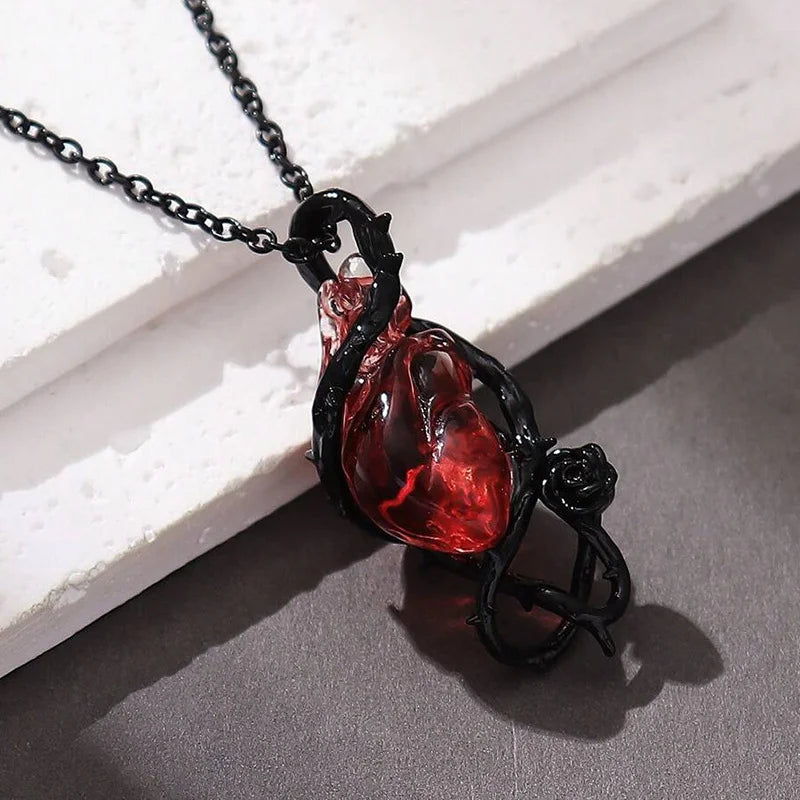 Halloween Gothic Red Crystal Flower Thorns Pendant Necklace Actual Human Heart Choker