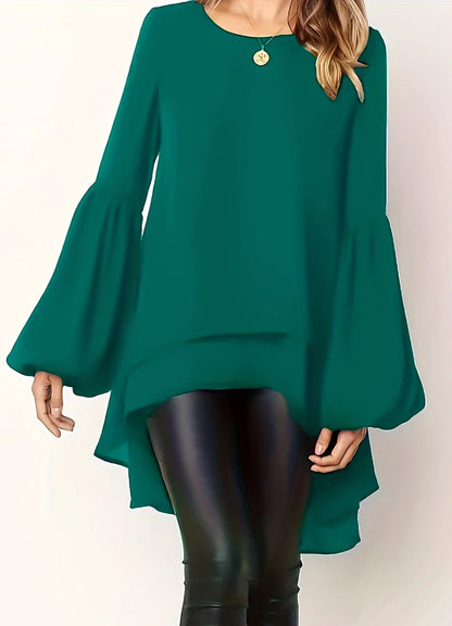 Plus size to 5XL women's spring & summer solid color polyester non-elastic long back hem elegant lantern sleeve chiffon long bell sleeve top