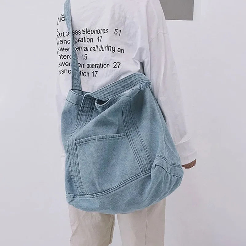 Large Capacity Denim Crossbody Shoulder Bag or Short Handle Handbag