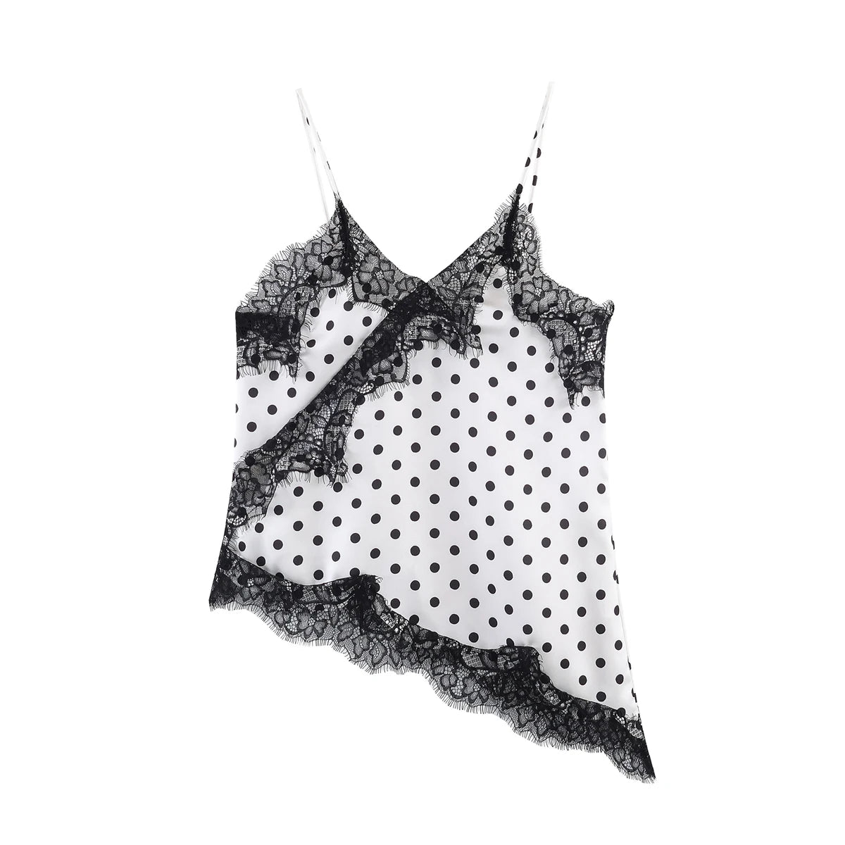 Polka Dot Sling Tops Asymmetric Hem Sleeveless V-Neck Lace Cami