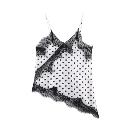 Polka Dot Sling Tops Asymmetric Hem Sleeveless V-Neck Lace Cami