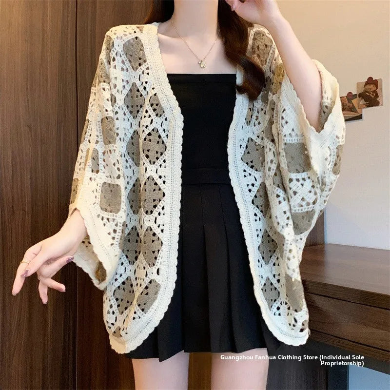 Bohemian Style Hollowed-out Long Sleeve Light Weight Sweater with V Neck and Batwing Sleeves