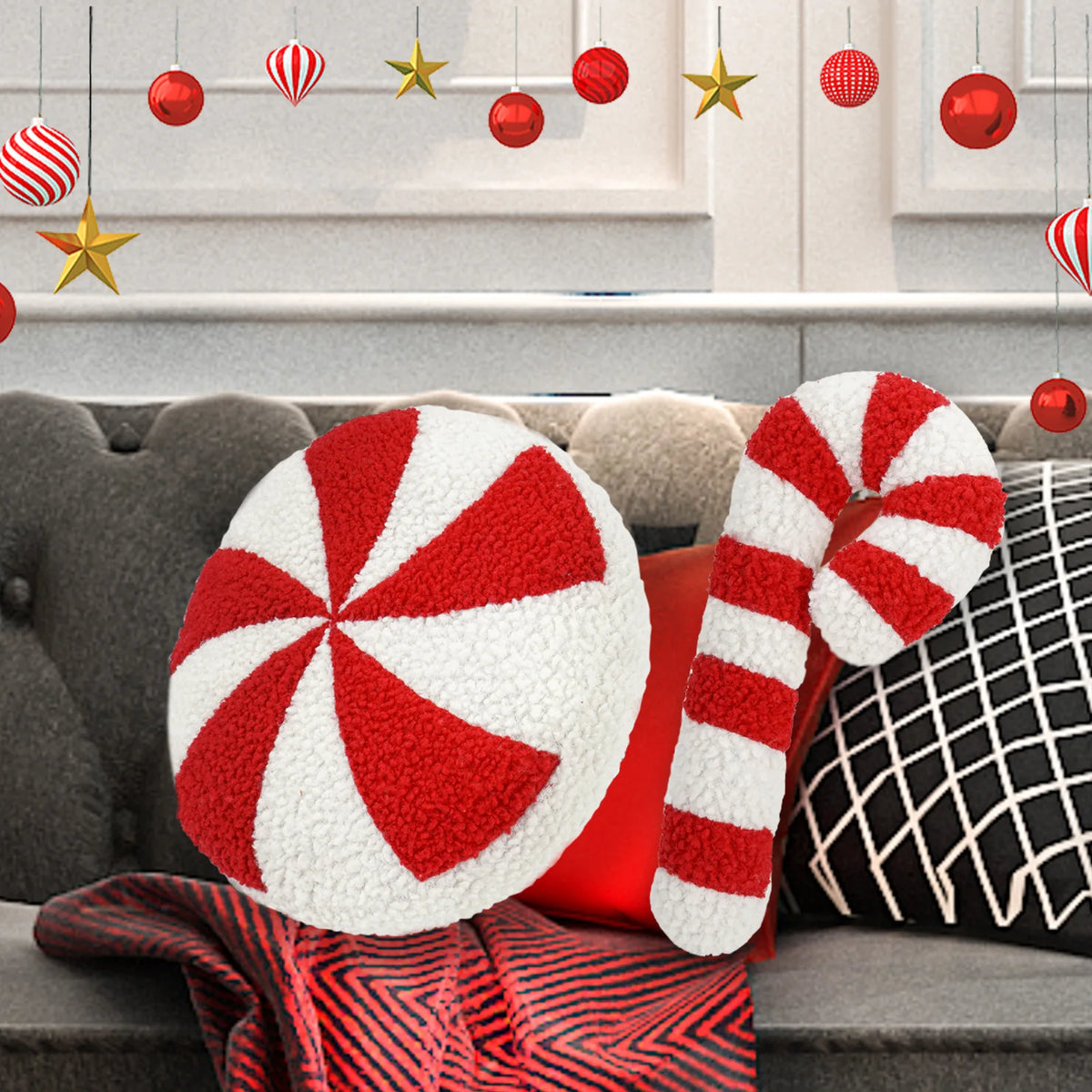 Christmas Candy Cane or Peppermint Shaped Soft Throw Pillows