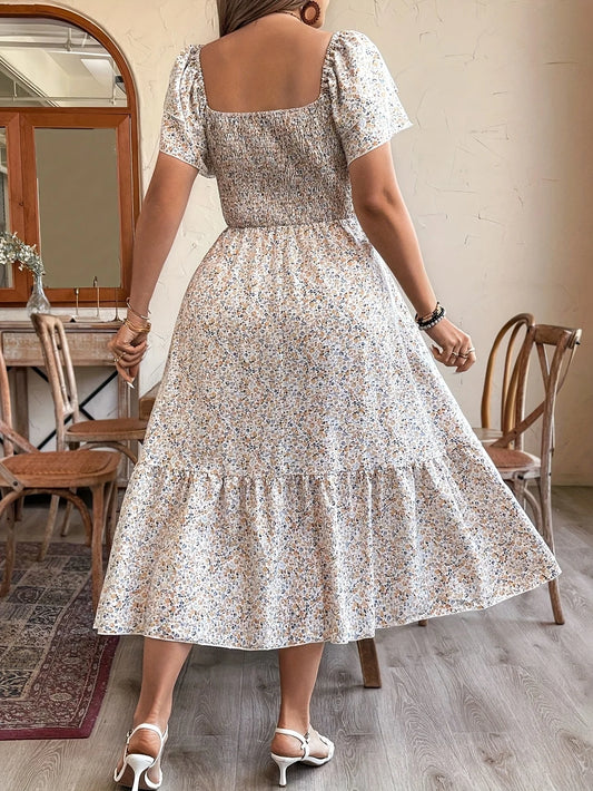 Boho Floral Print, Sizes to 4XL, Square Neck, High Elastic Waist, A-Line Short Bell Sleeves, Elastic Top, Midi Dress