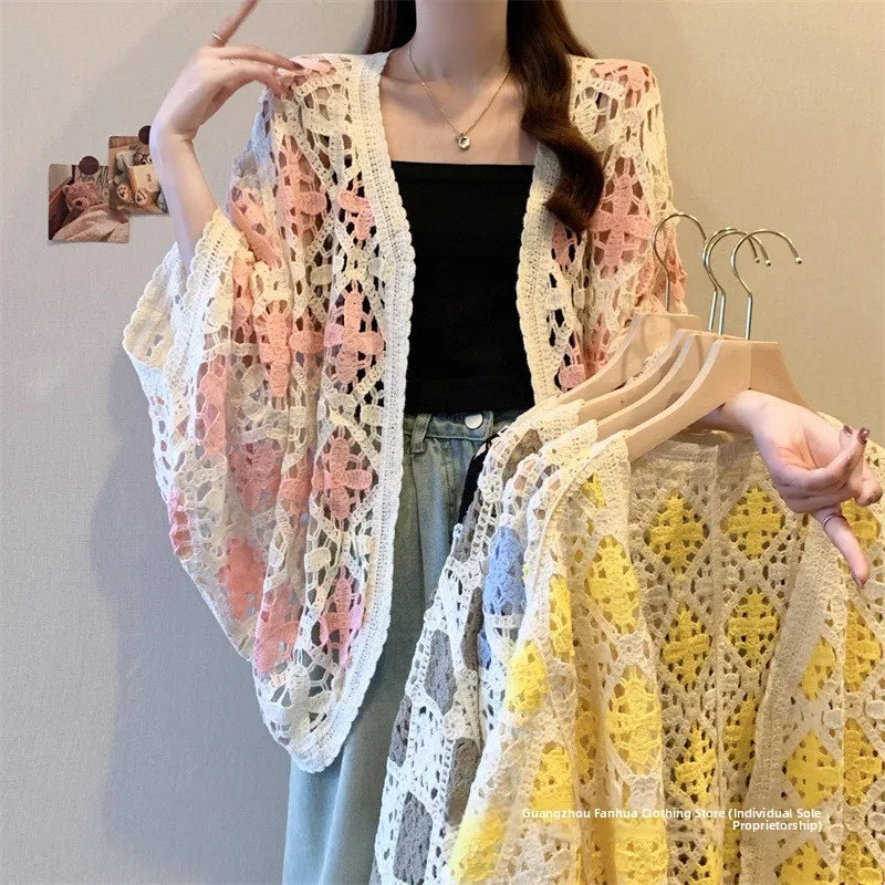 Bohemian Style Hollowed-out Long Sleeve Light Weight Sweater with V Neck and Batwing Sleeves