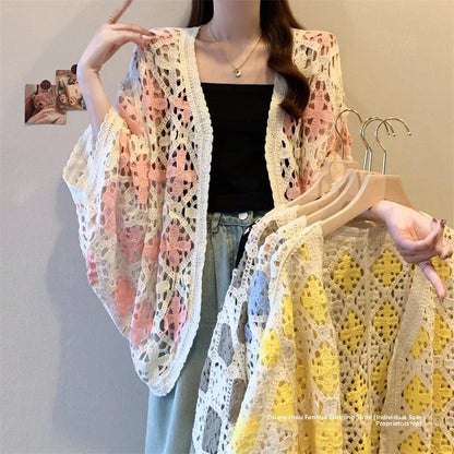Bohemian Style Hollowed-out Long Sleeve Light Weight Sweater with V Neck and Batwing Sleeves