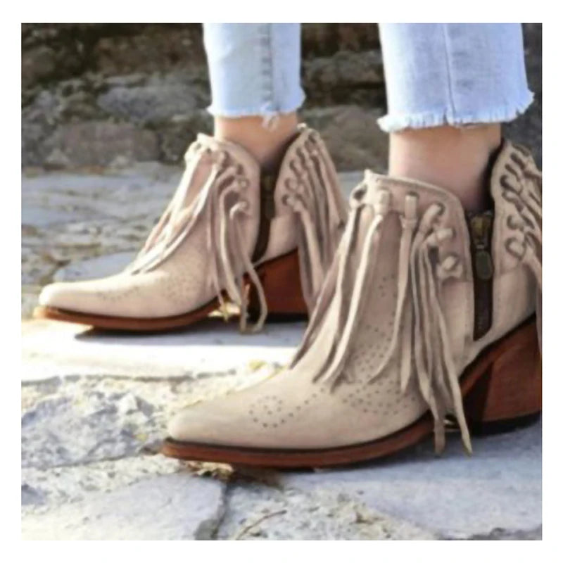 Short Walking with Western Flair, Suede, Low Heel Round Toe, Tassel Ankle Boots with Side Zipper Closure. In Gold and Off White