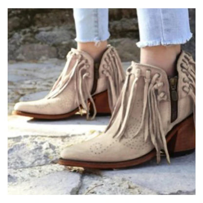 Short Walking with Western Flair, Suede, Low Heel Round Toe, Tassel Ankle Boots with Side Zipper Closure. In Gold and Off White