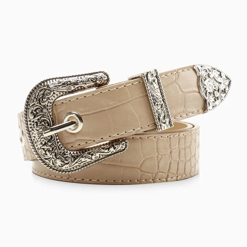 Gothic Retro Western Style Etched PU Leather with Metal Pin Buckle and End Caps
