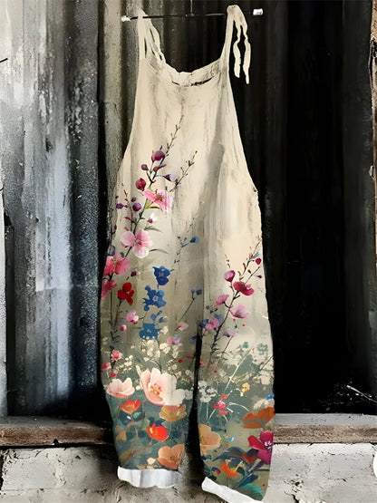 Sling Jumpsuit, Tie String Straps, Floral Printed, Wide Leg Pants, Casual Outdoor, Loose,  Comfortable, Breathable
