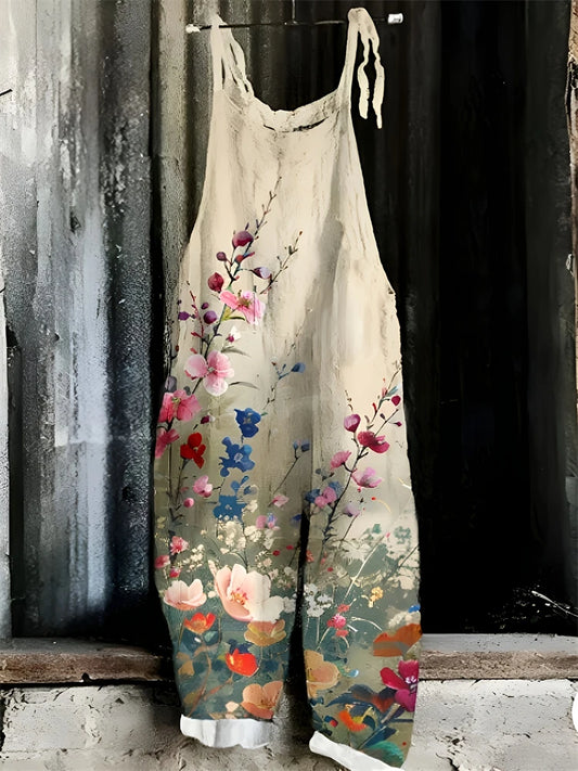 Sling Jumpsuit, Tie String Straps, Floral Printed, Wide Leg Pants, Casual Outdoor, Loose,  Comfortable, Breathable