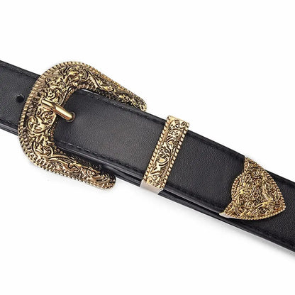 Vintage Carved Needle Buckle Belt PU Leather Belt