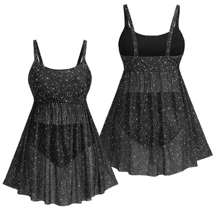 Sizes to 5XL Glitter  Star PRINT Tankini Swimsuit  2Piece with Adjustable Halter Straps and Natural Waisted Bottom