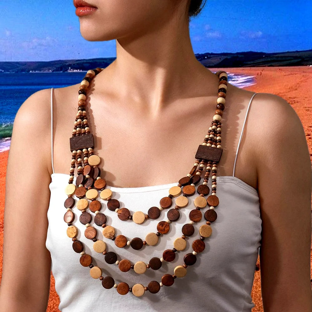 Boho African Jewelry Multi Layered Handmade Round Wooden Beaded Necklace