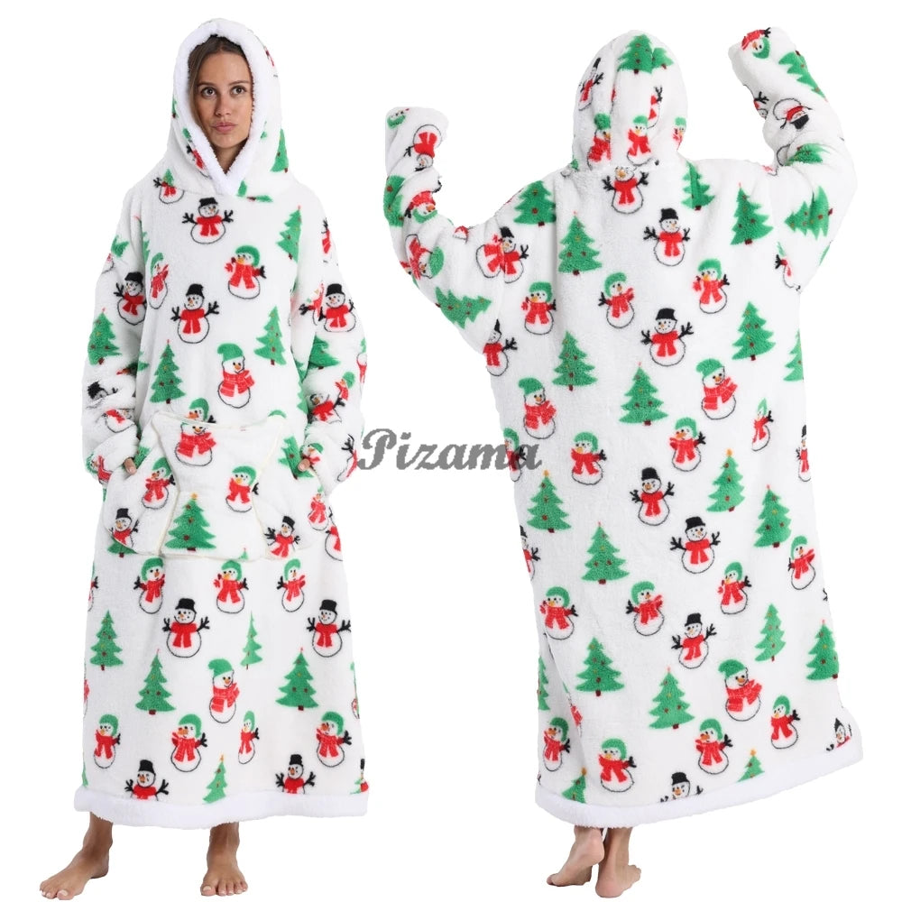 Super Long Flannel Pullover Night Shirt with Pocket and Hood, Super Snuggly for Men and Women, 12 Different Prints
