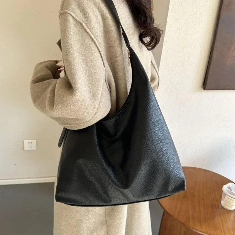 Leather Tote Bag Large High Capacity Shoulder Bag, White, Dark Brown, Reddish Tan, and Black