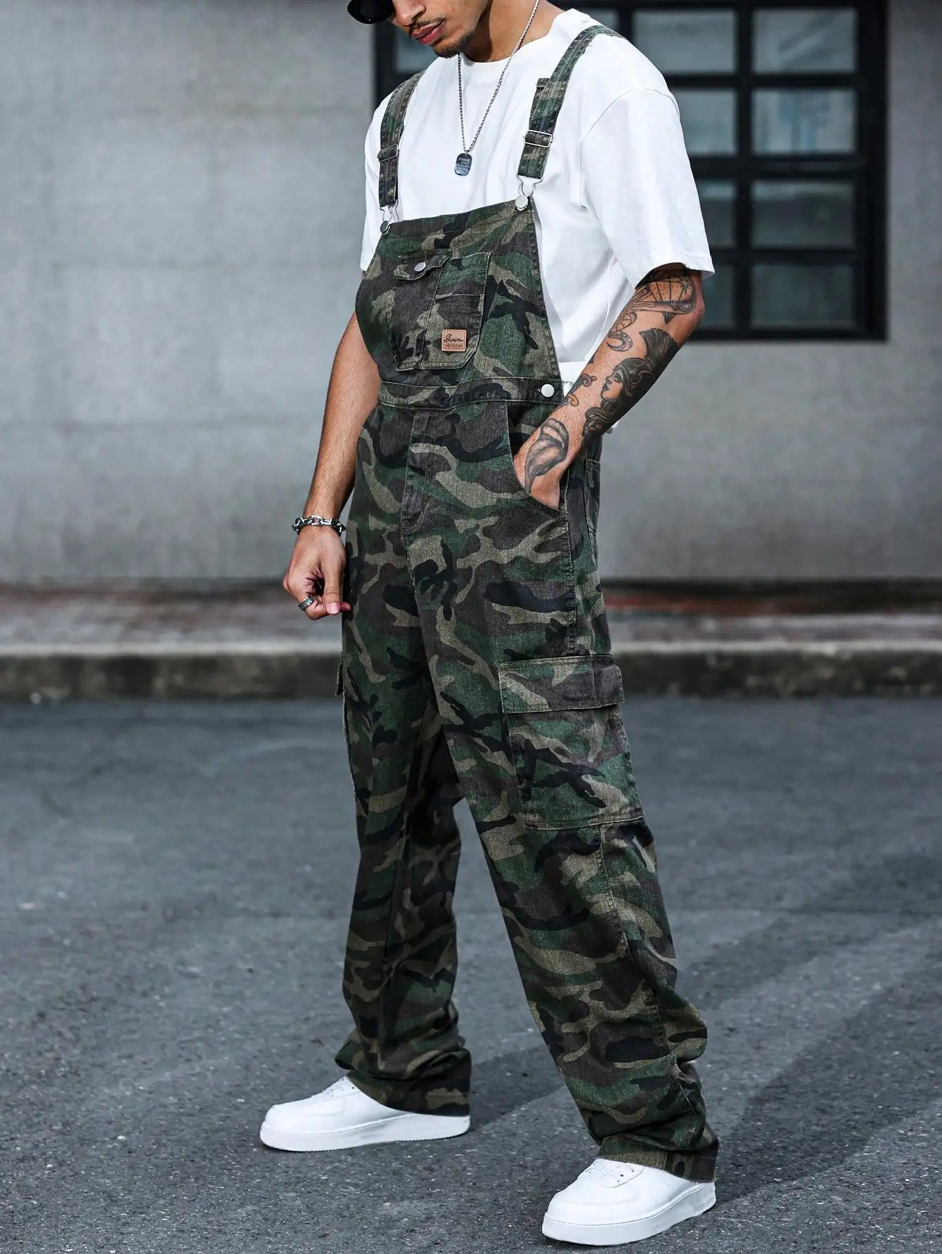 Denim Camo Overalls Adjustable straps Wide legs
