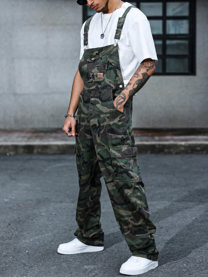 Denim Camo Overalls Adjustable straps Wide legs