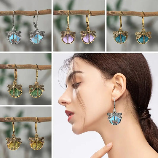 Vintage Dragonfly and Moon Drop Hanging Earrings Various Color Moon Drops
