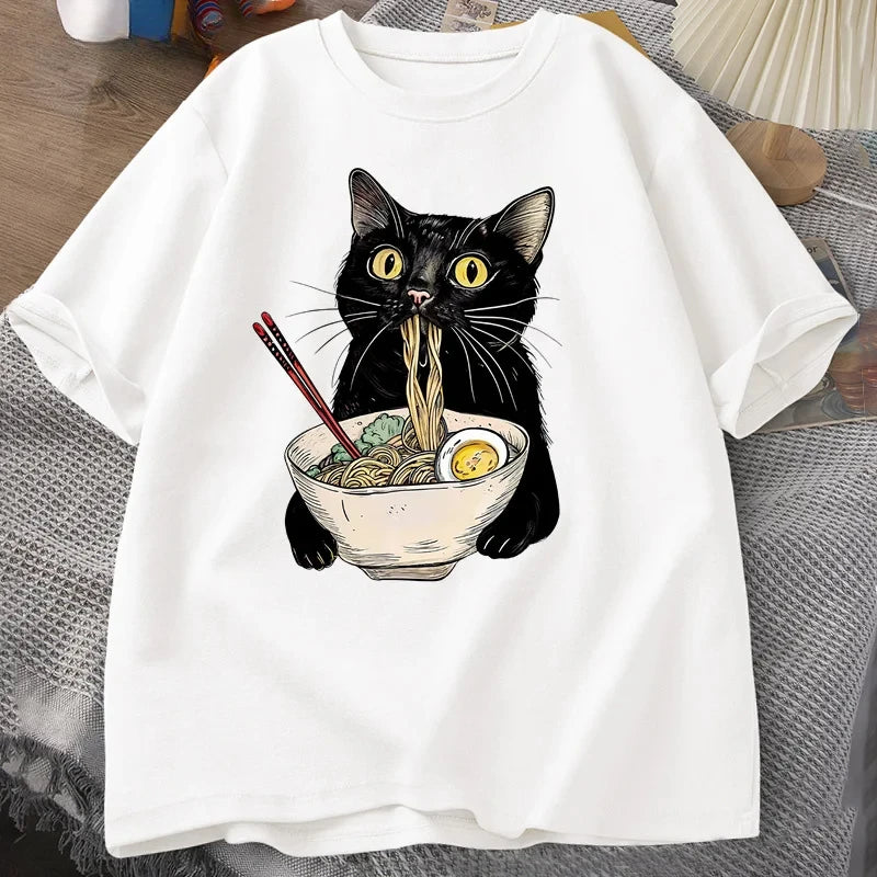 Sizes to 3XL T Shirts Black Cat Ramen Noodle T-Shirts Retro Casual Short Sleeve