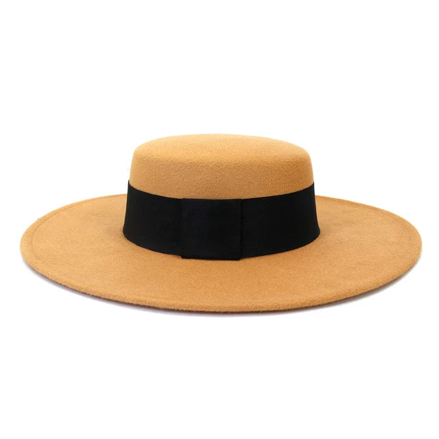 French Wide Brim Women's Fedora Wool Hat  Flat Top Felt in Marigold, White, and Black.
