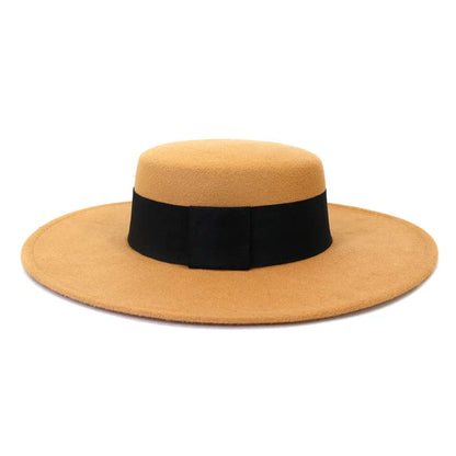 French Wide Brim Women's Fedora Wool Hat  Flat Top Felt in Marigold, White, and Black.