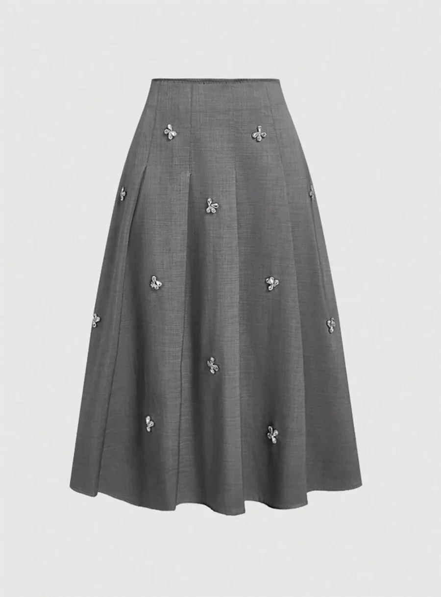 Plus Size to 5XL High Waist, Button, Pleated A-Line Bottoms Stretchy Midi Skirt