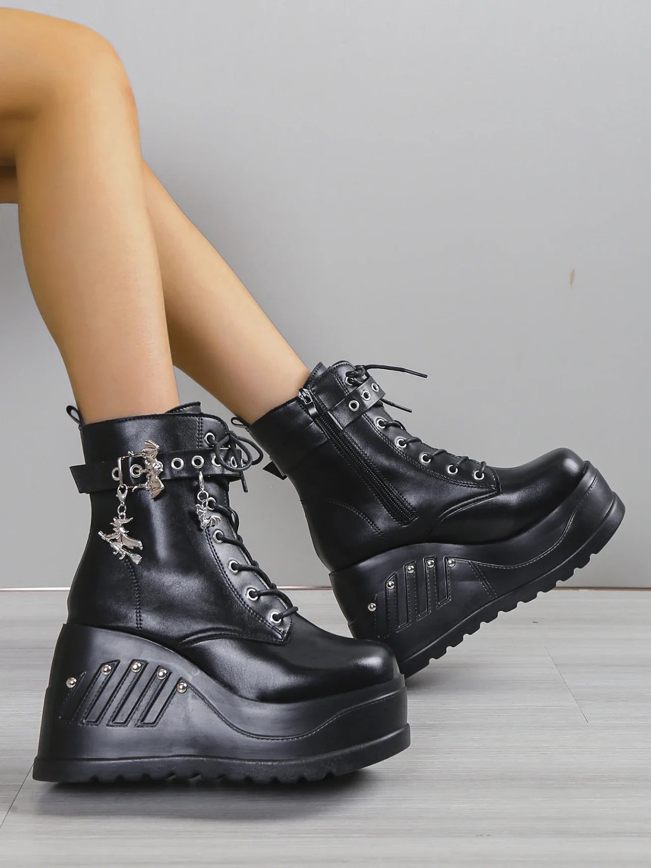 Punk Goth Platform Heels Wedge Heeled Boots, Tie and Strap Closures