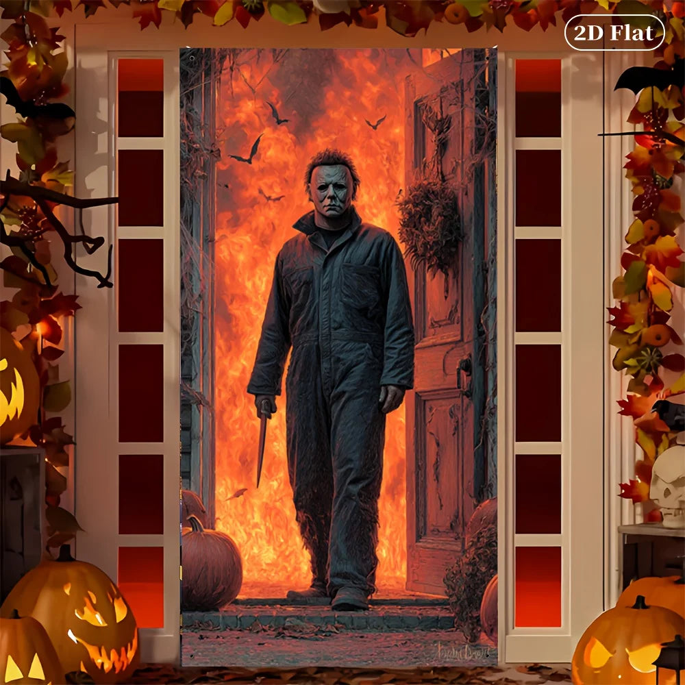 2D door banner, Halloween door cover 70.8 by 30.4 inches- polyester indoor/outdoor decoration with Michael Myers mask design