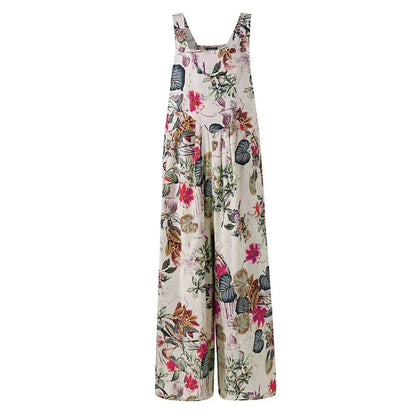 S-3XL Cotton and Linen Jumpsuit Square Neck Sleeveless with Adjustable Straps Casual Loose Overalls with Pockets