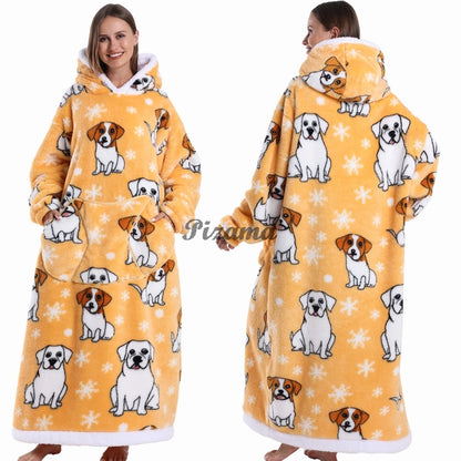 Super Long Flannel Pullover Night Shirt with Pocket and Hood, Super Snuggly for Men and Women, 12 Different Prints