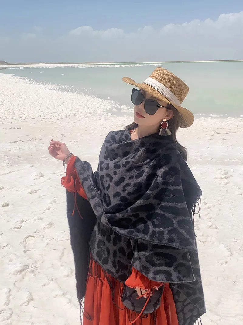 Vintage Boho Leopard Print Soft Over-the-Head Cloaks With Tassels