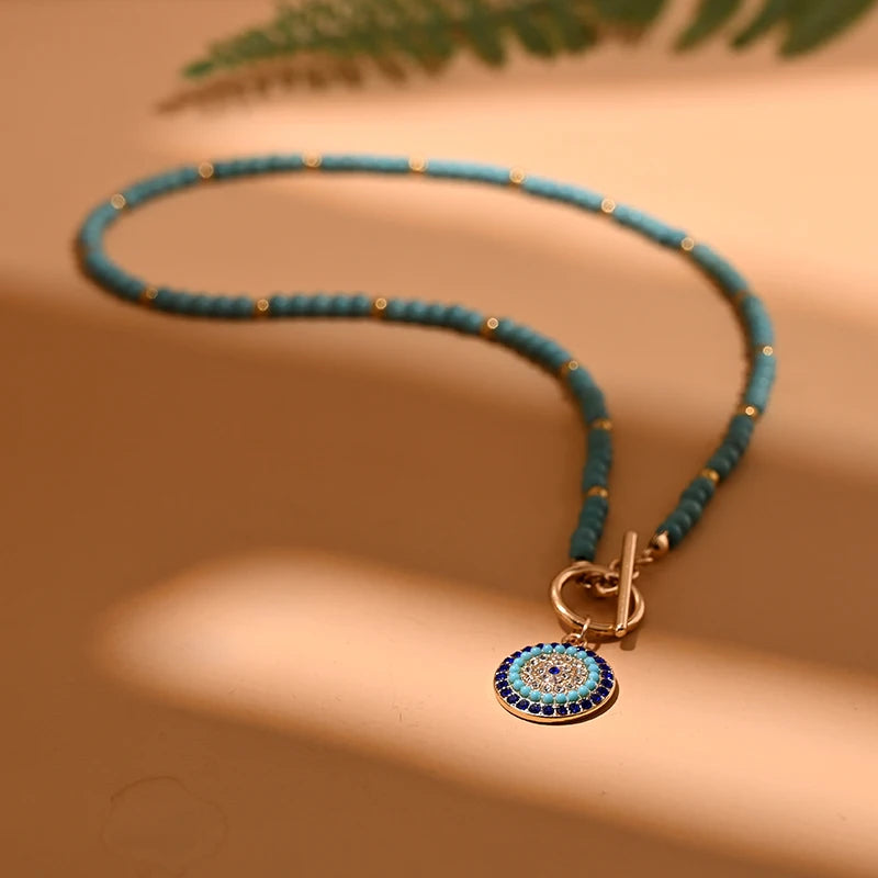 4mm Colorful Stone Choker Necklace Round Charm Pendant with interesting Clasp