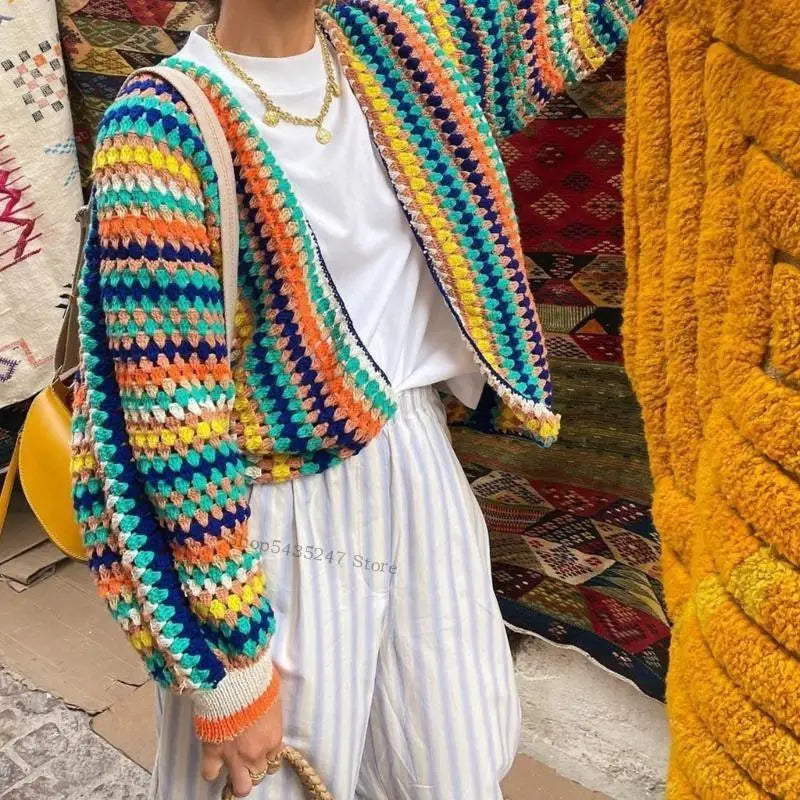 Rainbow Striped Knit Open Front Cardigan Long Sleeved Colorful Loose Knit Outerwear