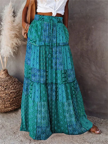 Bohemian Long Skirt with  Elastic High Waist, Tiered A-line with Pockets