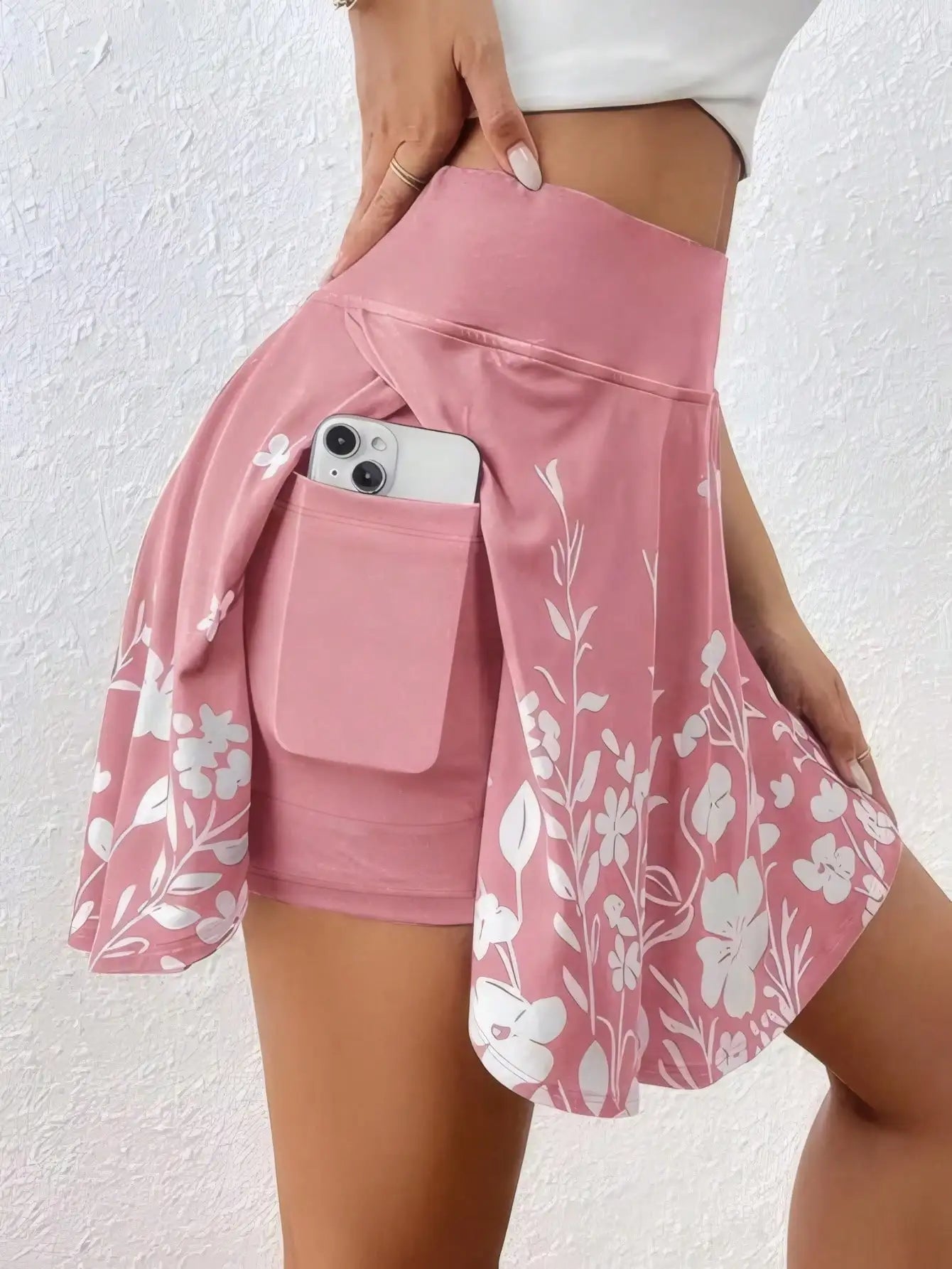 Plus Size 1XL-5XL  High-Waisted Skorts Phone Pocket Simple Floral Print