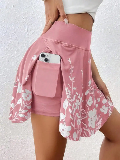Plus Size 1XL-5XL  High-Waisted Skorts Phone Pocket Simple Floral Print