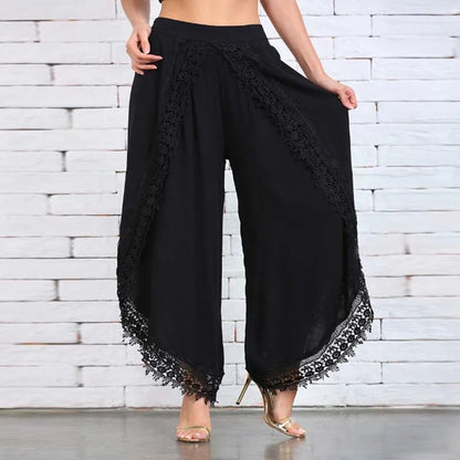 Boho Lace Harem Pants to 5XL, Loose Solid Wide Leg Arc-Shaped Pants with Angular Hem