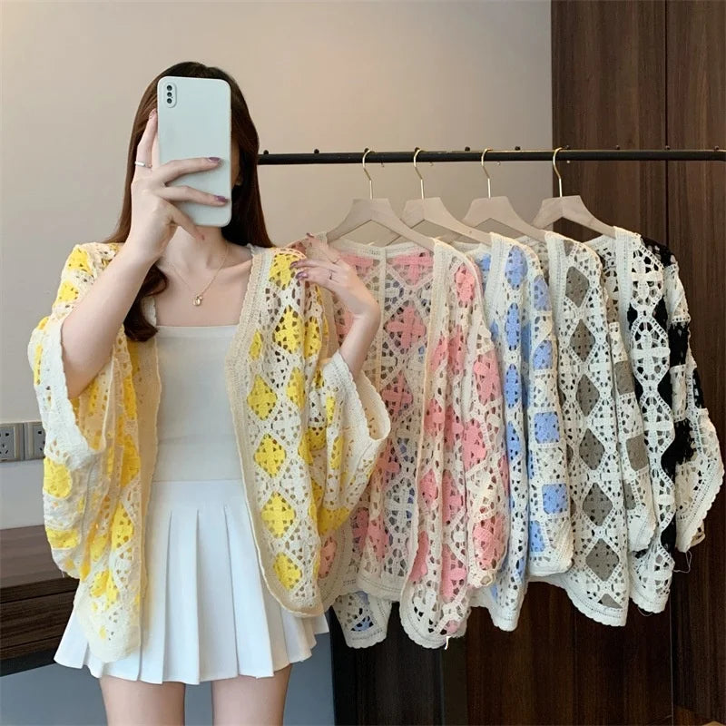 Bohemian Style Hollowed-out Long Sleeve Light Weight Sweater with V Neck and Batwing Sleeves