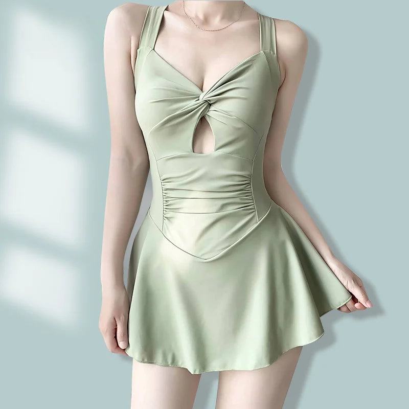 One piece swimsuit with attached skirt Waist Tightening for slimming
