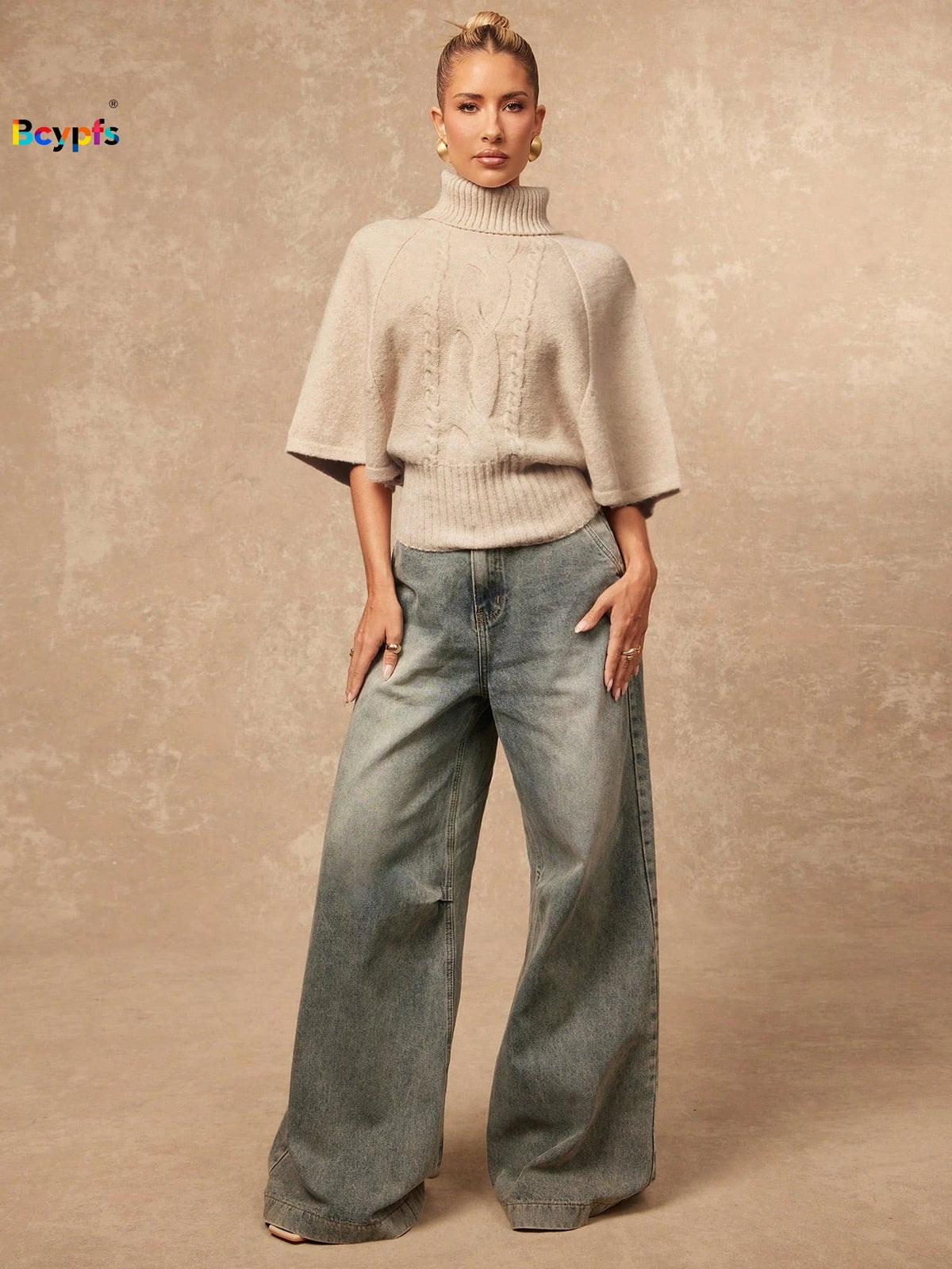 Beige Turtleneck Cable Knit Sweater with Short, Loose Batwing Sleeve, Loose Cropped Pullover