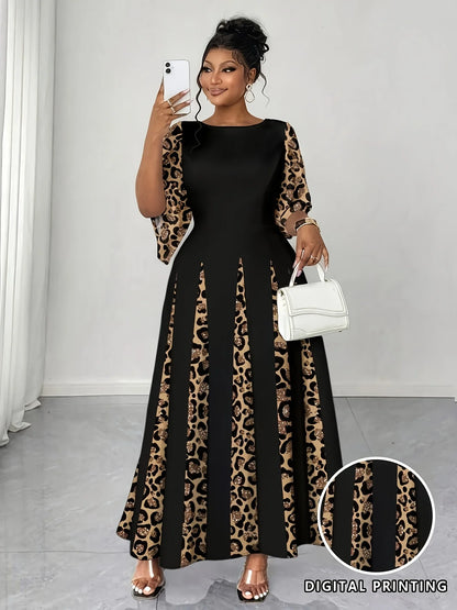 Sizes to 5XL in 3 colors, Elegant Leopard Print Maxi Dress, 3/4 Sleeve, Comfortable & Stylish