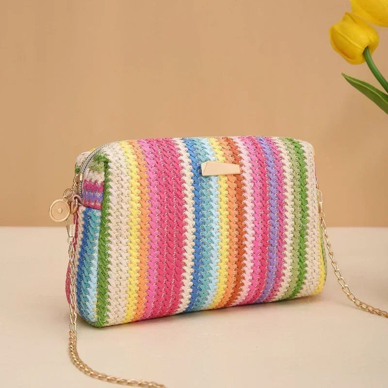 Small Rattan Knit Flap Bag with cross shoulder chain 6 colors