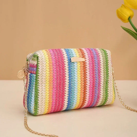 Small Rattan Knit Flap Bag with cross shoulder chain 6 colors