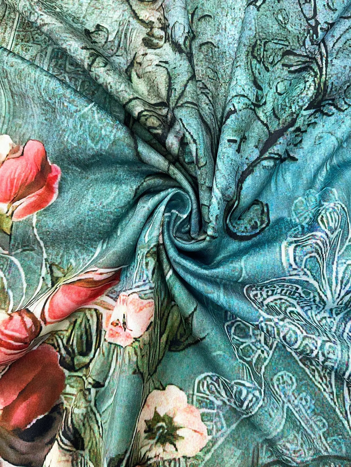 Boho Floral Sleeveless Dress Vintage Turquoise Print Crew Neck High Waist A Line Midi Sundress