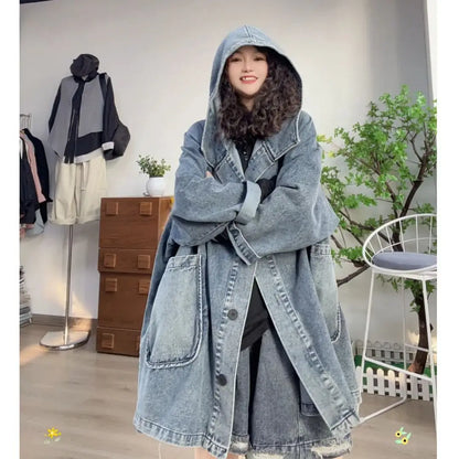Long Oversized Loose Vintage Denim Jackets With Deep Pockets in Faded Washed Blue and Black