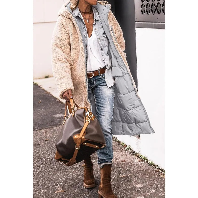 Reversible Sherpa Fleece, Long, Hooded Puffer Coats. Check colors: Brown, Green, Black, Burgundy, Light Gray