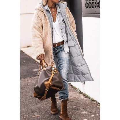 Reversible Sherpa Fleece, Long, Hooded Puffer Coats. Check colors: Brown, Green, Black, Burgundy, Light Gray